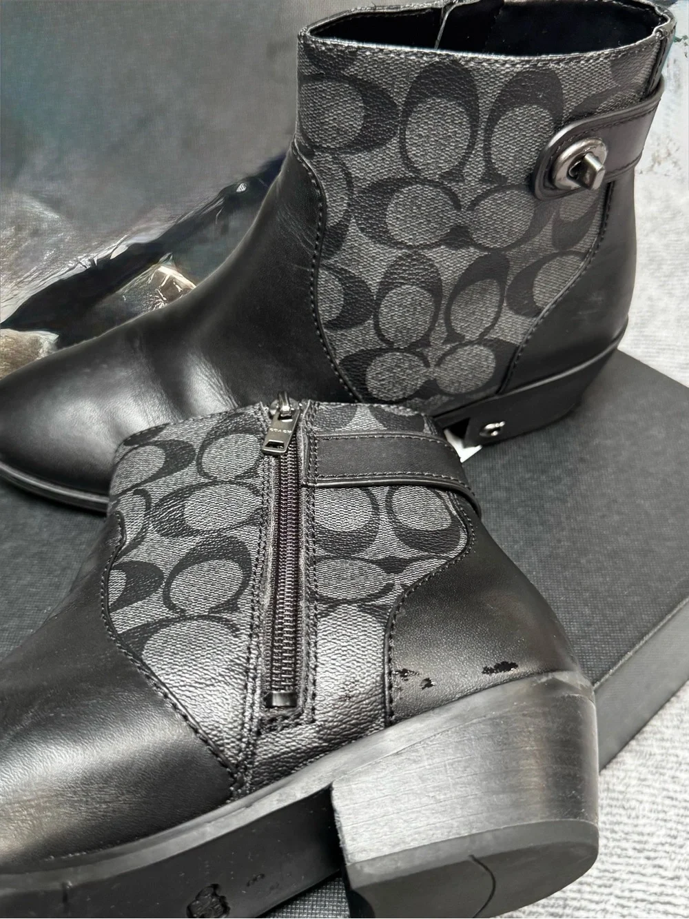 Coach Deni Signature Monogram zip closure Black Leather Booties